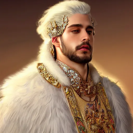 Image similar to a realistic transmasculine king with decorated clothes made of white pearls and white plumes of swan, highly detailed, digital painting, Trending on artstation , HD quality, by artgerm and greg rutkowski and alphonse mucha, dramatic light, octane