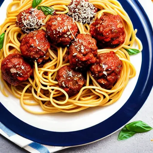 Image similar to a plate of spaghetti with blue colored meatballs, food photography