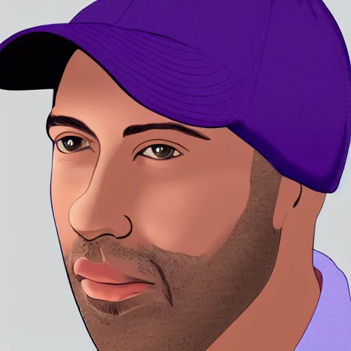 Image similar to a detailed portrait of a man wearing a purple cap art illustration, incredibly highly detailed and realistic, 8 k, sharp focus