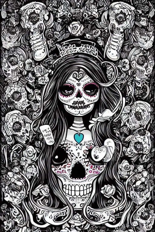 Prompt: Illustration of a sugar skull day of the dead girl, art by joe fenton