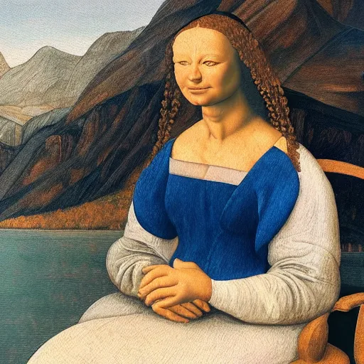 Prompt: an oil painting, woman sitting in a chair, dark dress, background is filled with mountains, rocks, canyons and lakes. woman looks calm and happy, she is smiling, in the style of leonardo da vinci