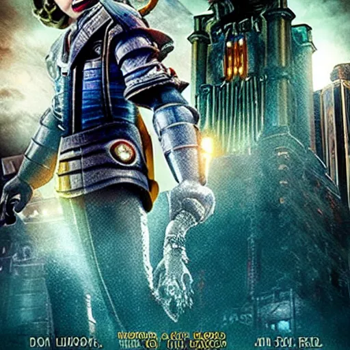 Prompt: movie poster for a live - action bioshock movie featuring a big daddy, andrew ryan, and little sister with the underwater city of rapture in the background