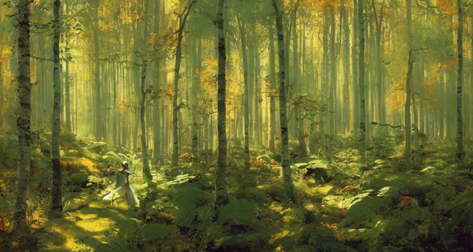 Image similar to sunny birch forest, hemlocks, mushrooms, intricate, vivid colors, elegant, highly detailed, john park, frazetta, john howe, ruan jia, jeffrey catherine jones