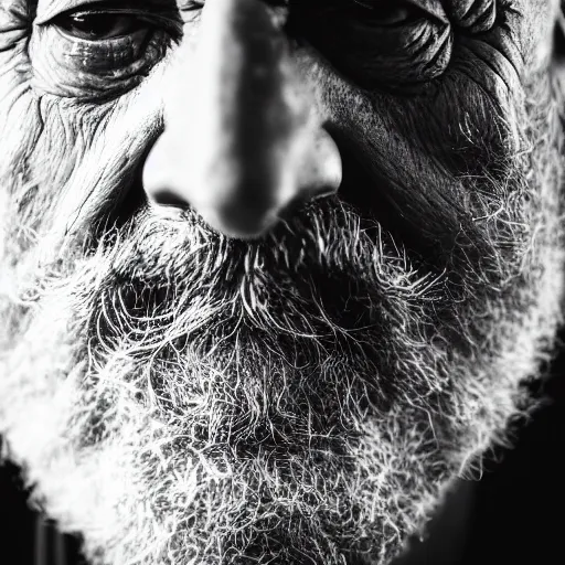 Image similar to close up of an old man's face with a beard, black background, greyscale, award winning photography