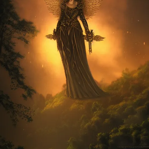 Prompt: great funeral for a fallen lord knight, many small trees and bushes in fire on background, night scene, angel flying down from sky, victorian town far away, high details, high quality, cinematic, fantasy, trending on artstation