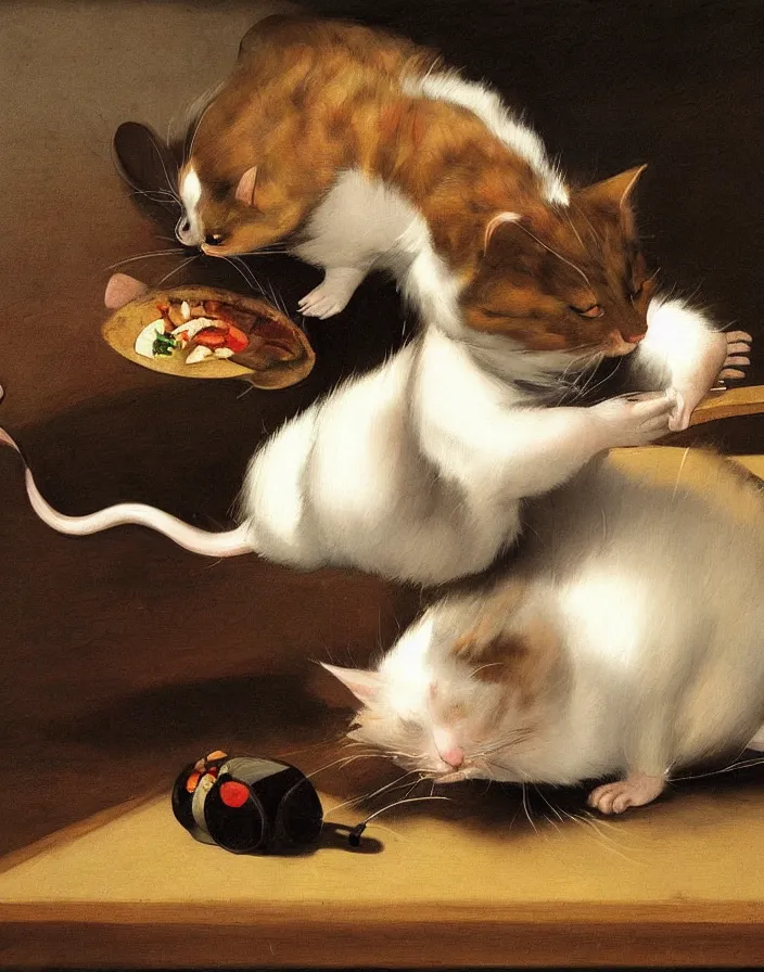 Prompt: a fat cat trying to catch a mouse , Painting, Artstation, by Caravaggio Michelangelo Merisi