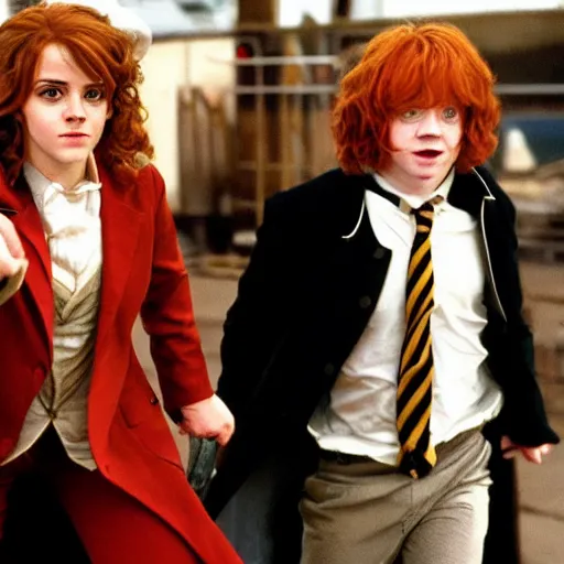 Prompt: emma watson as sexy hermione granger, and rupert grint as ron weasley, in the austin powers movie