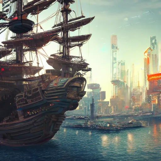 Image similar to high quality photo of a pirate ship in a cyberpunk cyberpunk cyberpunk city, realism, 8k, award winning photo