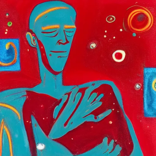 Image similar to A beautiful conceptual art of a man in a red suit with a blue background. The man's eyes are closed and he has a serene, content look on his face. His arms are crossed in front of him and he appears to be floating in space. The blue background is swirling with geometric shapes and patterns. by Clive Madgwick bleak, rigorous