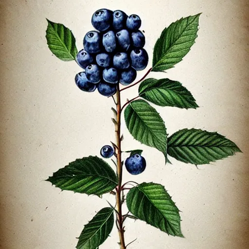 Prompt: botanical drawing of blueberry bush. Traditional art. Rustic. Nordic. Trending on artstation. Detailed. Bushy. Nature. Artistic.