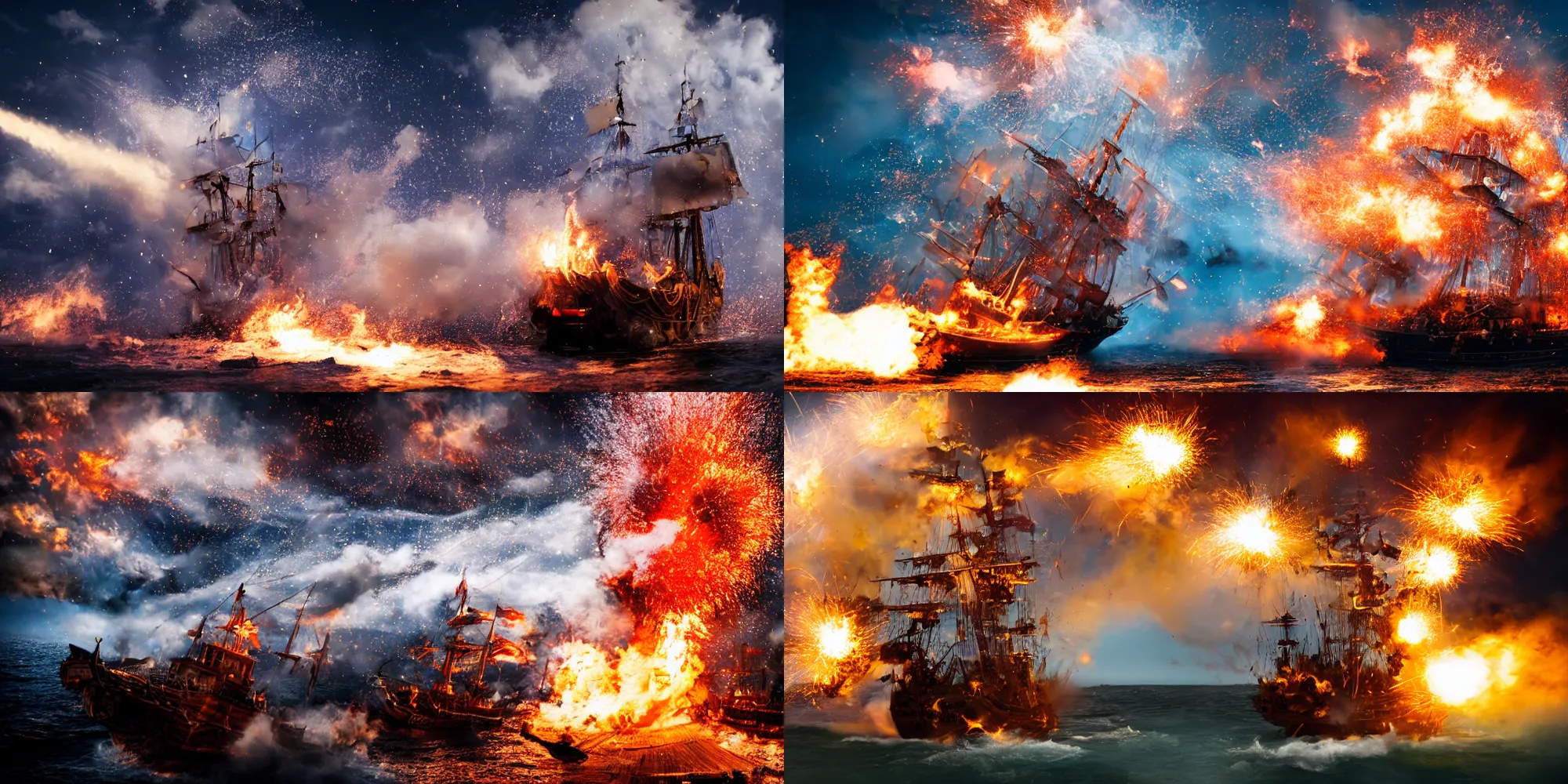 Image similar to action photography of an explosion on a pirate ship, fast shutter speed, high speed, VFX particle simulation, action photo, 1/1000 sec shutter