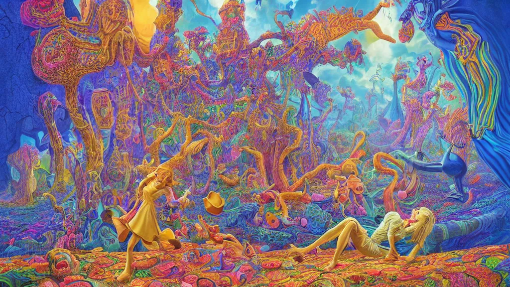 Prompt: alice in wonderland dmt tripping, by alex grey and jean giraud, very coherent, hyper realism, high detail, vivid colors, octane render, unreal engine, 8 k, smooth gradients, high contrast, depth of field by jacek yerka