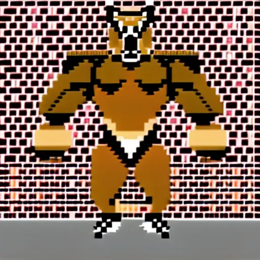 Image similar to full body portrait. 1 6 bit sega graphics. antropomorphic muscular masculine wolf, kickboxer fighter, in shorts, staying in front of brick wall. wolf head. furr on body