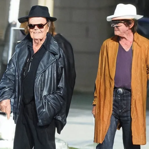 Prompt: Jack Nicholson is playing David Bowie in the new biographical movie, face makeup, grin