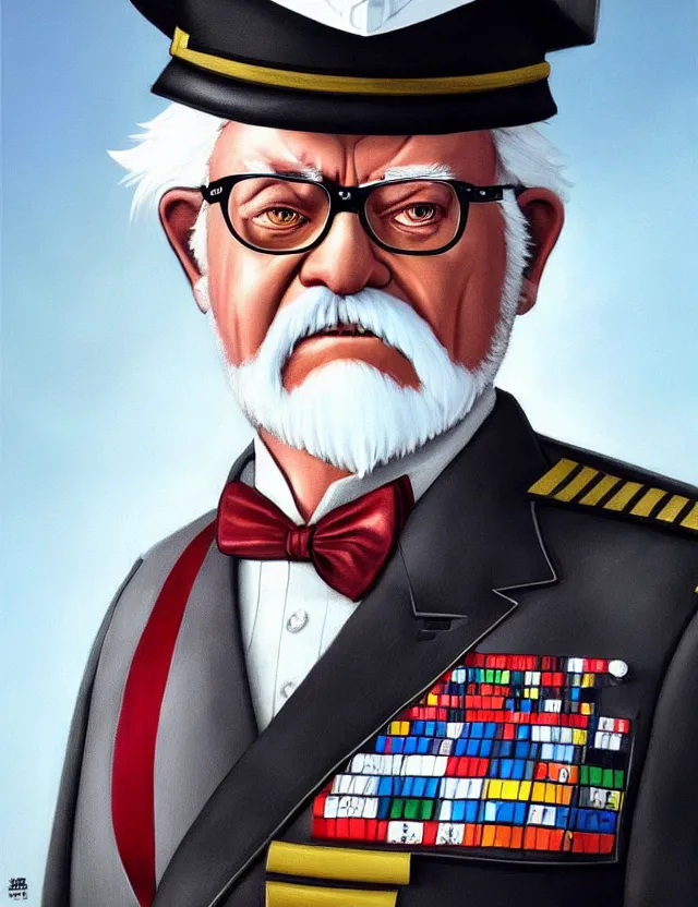 Image similar to a portrait of colonel sanders as a military dictator, by moebius and tyler edlin and hr giger, trending on artstation, digital art, 4 k resolution, detailed, high quality, sharp focus, hq artwork, coherent, insane detail, concept art