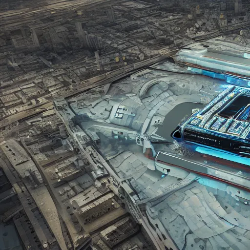 Image similar to Kazimierz Malewicz sci-fi motherboard airport view from above structure and digital billboard point cloud in the middle unreal engine 5 lumen global illumination, keyshot, octane, artstation trending, ultra high detail, ultra realistic, cinematic, 8k, 16k, in style of zaha hadid, in plastic, dark, tilt shift,