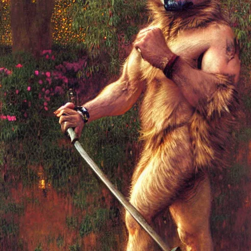 Image similar to a male boarwolfman boar wolf man wearing a shirt furry arms furry body walking stick new york. furaffinity furry art detailed face painting by gaston bussiere craig mullins jc leyendecker gustav klimt artgerm greg rutkowski furry