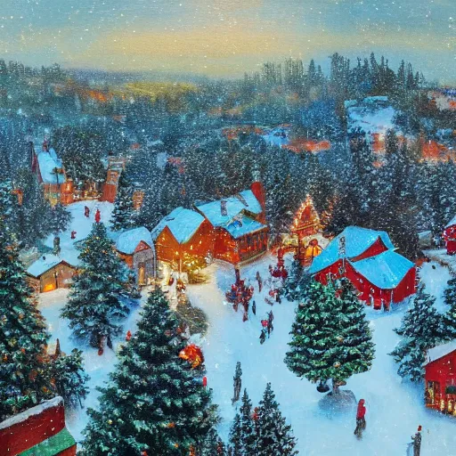 Image similar to a christmas village, aerial view, wide angle, snowing, pine trees, victorian era, 8 k, high detail, oil painting