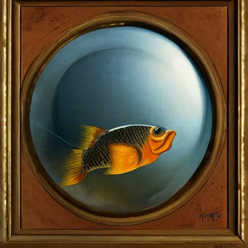 Image similar to a worried fish sitting on the top of a pile of fish, all the fish are inside a cooking pot, side view, by vladimir kush, dystopian art, rococo