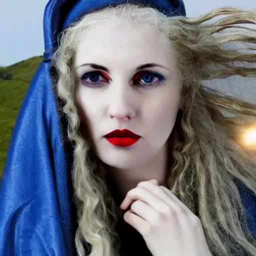 Image similar to a beautiful english woman with a long face narrow nose pale skin blue eyes red lips and wild messy tangles of curly white blonde hair, high resolution film still wearing a black robe and skull necklace and holding a crescent moon spade, sandy, a journey to the west