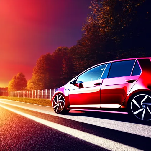 Image similar to a car VW Golf GTI in middle of road, Germany, city sunset, cinematic color, photorealistic, highly detailed, bokeh