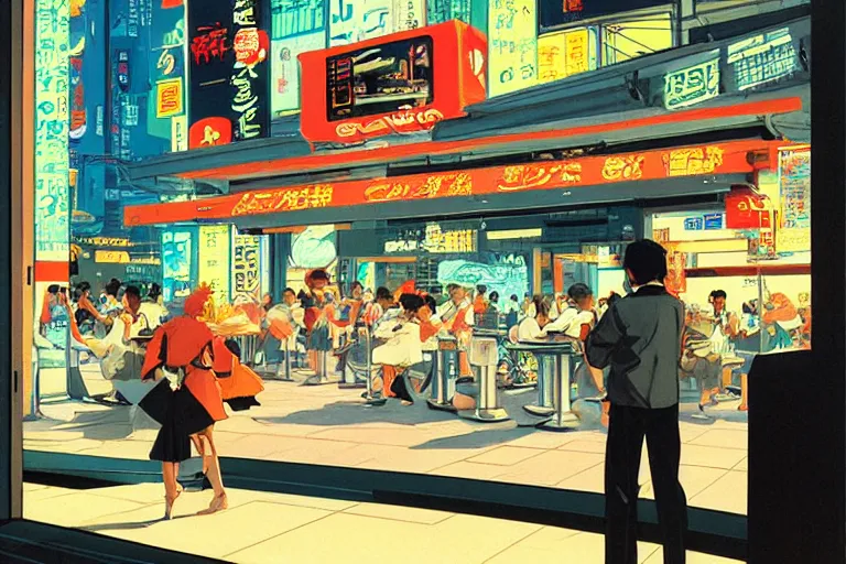 Prompt: a fast food window downtown in neo - tokyo. concept art by syd mead