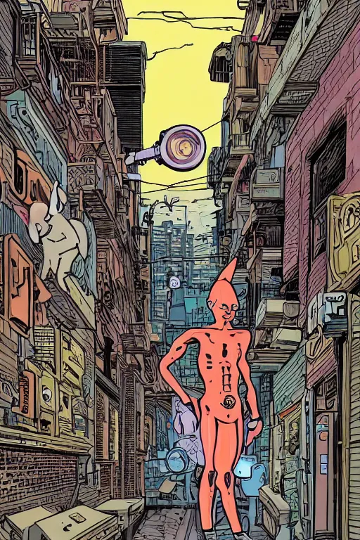 Image similar to a cyborg!! sphynx cat!!, in a cyberpunk alleyway by daniel clowes