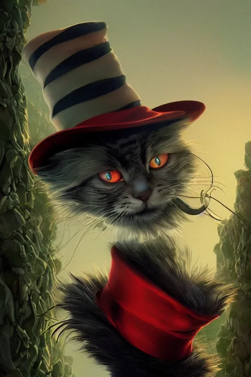 Image similar to complex 3 d render, hyper detailed, ultra sharp, of the cat in the hat, scary, cinematic, natural soft light, rim light, art by greg rutkowski and artgerm and alphone mucha, dr seuss