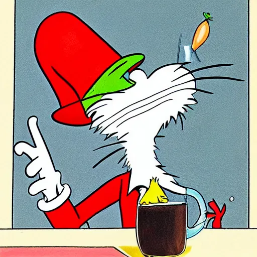 Prompt: The cat in the hat has lost his hat and became an alcoholic drawn by dr.seuss