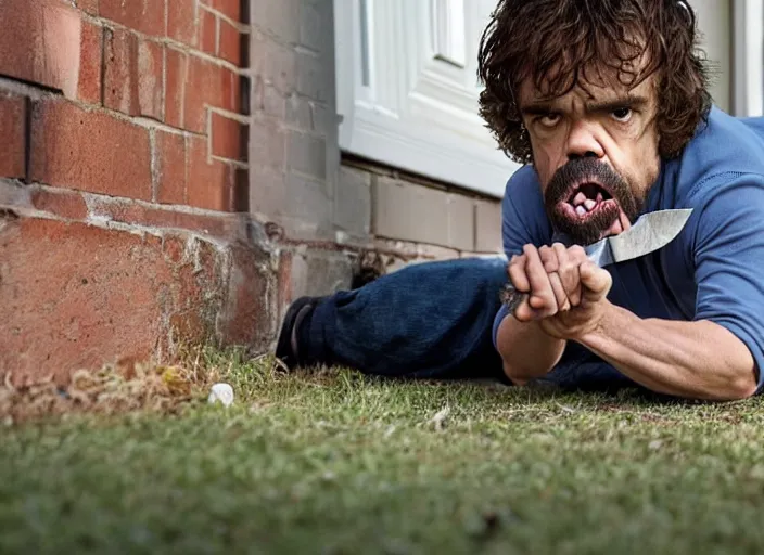 Image similar to peter dinklage crawling from under a porch with a knife in his mouth at night, movie still, from the new sweet home alabama movie, 8 k, realistic