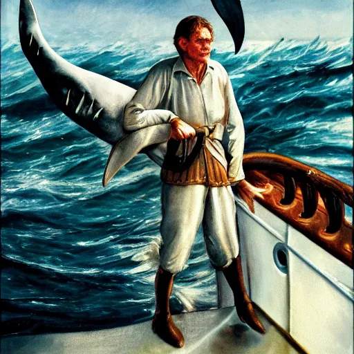 Prompt: Old sailor Willem Dafoe in captain's clothes holds a shark at arm's length, stands on the deck against the background of a raging sea, the background is blurred, focus in the foreground, realism, details,