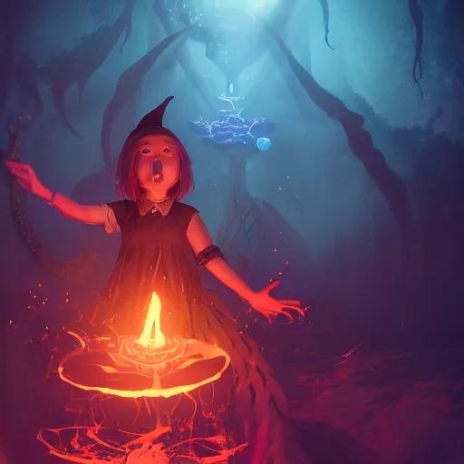 Prompt: novice young witch summoning a monstrous horror from the abyss 4 k high definition artstation trending path traced contrast light and dark colorful bokeh massive scale cinematic breathtaking lovecraftian horror