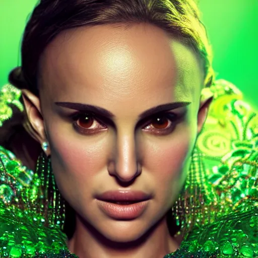 Image similar to portrait natalie portman, glowing, ornate and intricate green jewelry, jaw dropping beauty, glowing background lighting, green accent lighting, hyper detailed, fairy tale, 4 k octane render