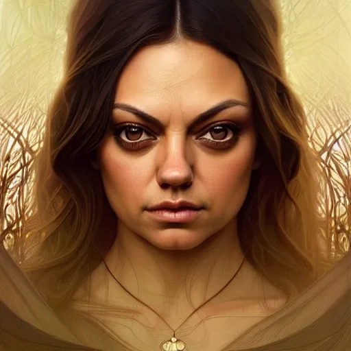 Image similar to symmetry portrait of mila kunis princess, forest background, intricate, elegant, highly detailed, digital painting, artstation, concept art, smooth, sharp focus, illustration, art by artgerm and greg rutkowski and fra angelico and alphons mucha