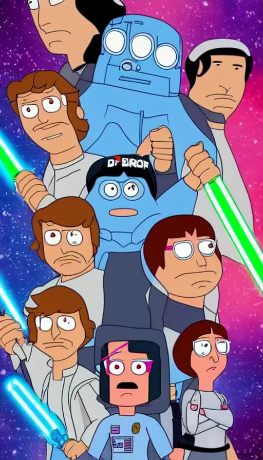 Prompt: movie poster bobs burger cast in star wars, highly detailed, hyper realistic, large text, bright colours