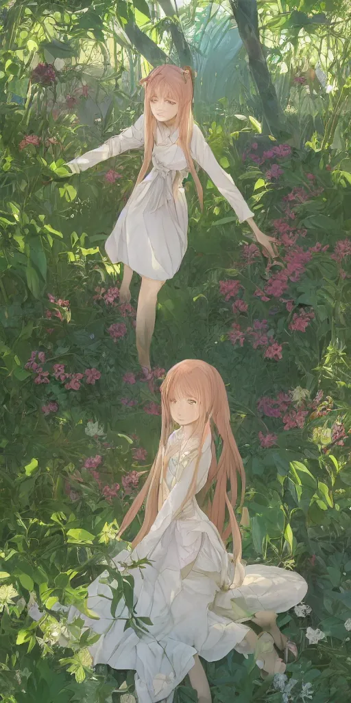 Image similar to a digital art of a loli with long hair in a dress in the privet garden at after noon, green and warm theme, back lighting, by krenz cushart and mucha and akihito yoshida and greg rutkowski and makoto shinkai, extremely long shot, detailed eyes, 4 k resolution, trending on art station