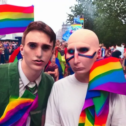 Prompt: voldemort and Harry Potter at pride festival