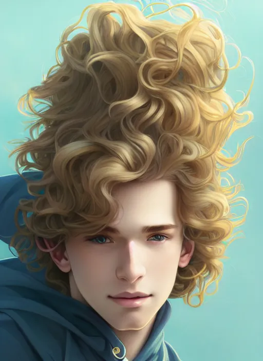 Image similar to young man with medium - length, curly, golden hair, perfectly proportioned face, aquamarine eyes, sweet smile, natural lighting, path traced, highly detailed, high quality, cartoon, digital painting, by new haicheng and ross tran and studio ghibli and alphonse mucha