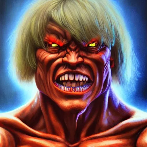 Prompt: a hyperrealistic acrylic portrait painting of an evil he - man by artgerm and beksinski. epic fantasy art. cyberverse background. cycles render