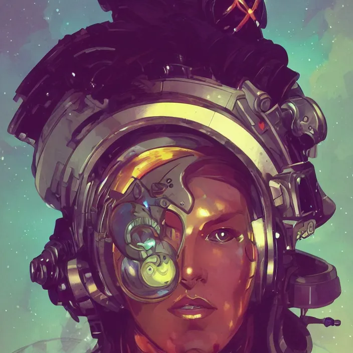 Prompt: a head and shoulders portrait of a space pirate, neon, retro, steampunk, smooth, sharp focus, artstation, concept art by Rutkowski and Mucha and sky sewa