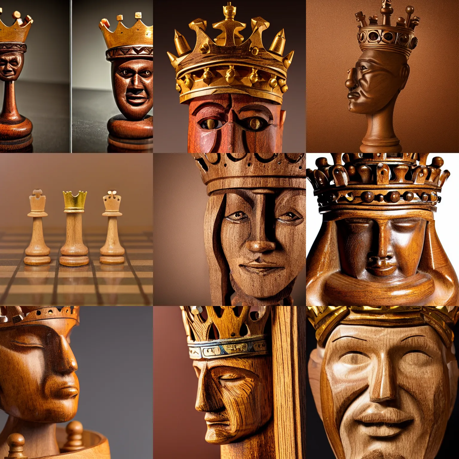 Prompt: photograph of a chess king piece, made of wood, it has a face, it is wearing a crown, highly detailed, studio lighting