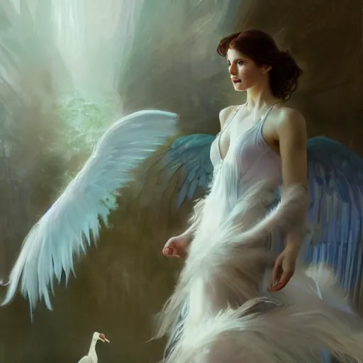 Image similar to hyperrealistic portrait of an angel woman descending onto a bladedrunner city of cats wearing white swan dress long feathers and sapphire jewellery by jeremy mann and alphonse mucha, fantasy art, photo realistic, dynamic lighting, artstation, poster, volumetric lighting, very detailed faces, 4 k, award winning