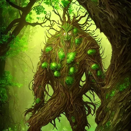 Prompt: green old treant, treant made of leaves and roots, old tree, old humanoid ents, epic fantasy style, green theme, forest background, hearthstone artwork