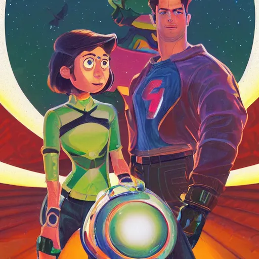 Prompt: a young man and woman with short wavy brown hair and glowing green eyes as a super hero duo, pixar cute, highly detailed, sharp focus, neon color, digital painting, artwork by Jeremiah Ketner + Mati Klarwein + Fintan Magee + Chris Mars, background artwork by greg rutkowski