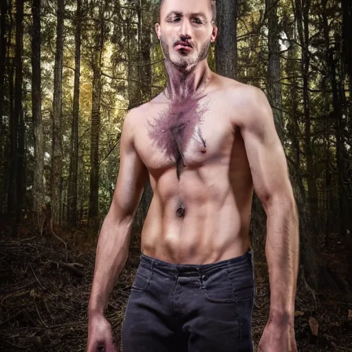 Prompt: human wolf werecreature, wolf torso, photograph captured at woodland creek