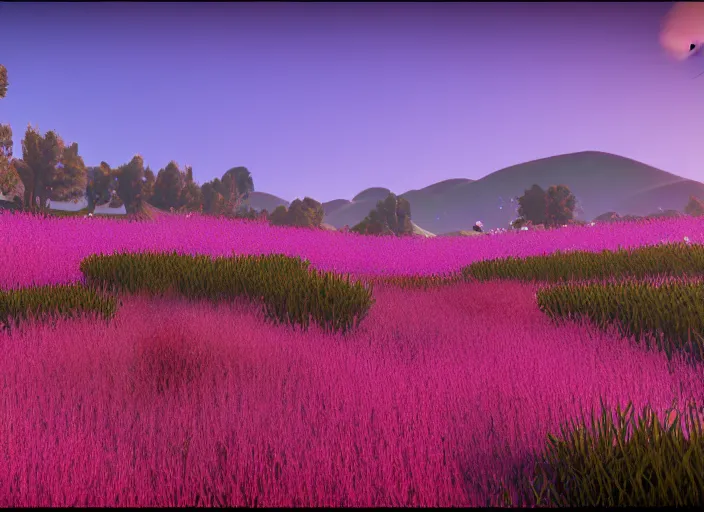 Image similar to fields full of flowers, pink and pyrple trees and blue sky with hills in the background. Intricate. Very detailed 8k. Fantasy horror. Sharp. Cinematic post-processing. Unreal engine. Nanite. Ray tracing. Parallax. Tessellation