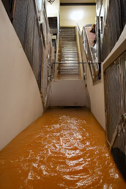 Image similar to a flooded stairway filled with orange juice, horror 1024 A