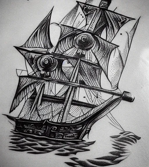 Image similar to A tattoo design on paper of a pirate ship, on paper, black and white, highly detailed tattoo, realistic tattoo, realism tattoo, beautiful shades