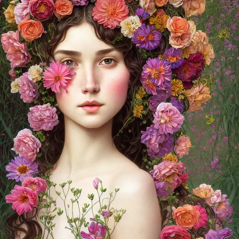 Prompt: full - length portrait!!!! about the beautiful!!!! symmetrical face!! girl, beautiful, cute face decorated with flowers and plants, complex, elegant, highly detailed, digital painting, artstation, concept art, smooth, clear focus, illustration, works by artgerm, greg rutkowski and alphonse mucha, 8 k