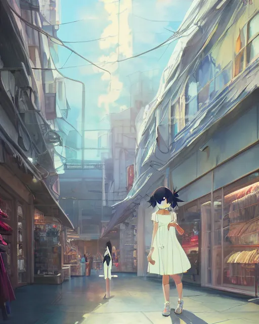 Image similar to a girl shopping for clothes, full shot, atmospheric lighting, detailed face, by makoto shinkai, stanley artger m lau, wlop, rossdraws, james jean, andrei riabovitchev, marc simonetti, krenz c